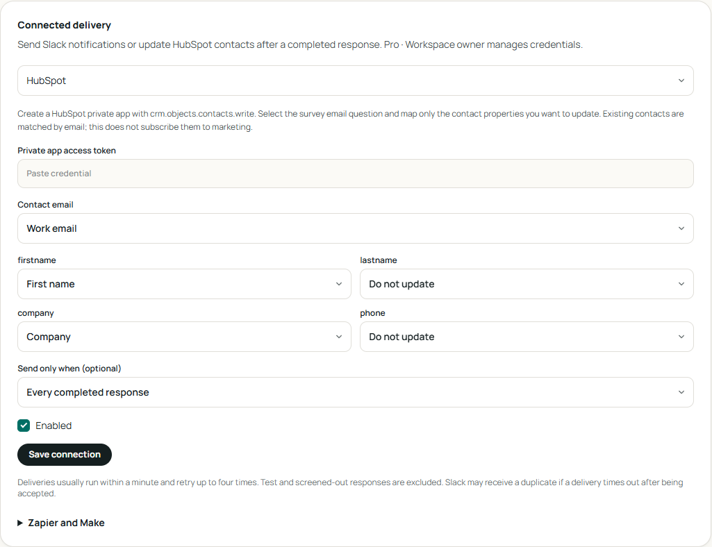 The actual Connected delivery panel with HubSpot selected and the credential field empty.