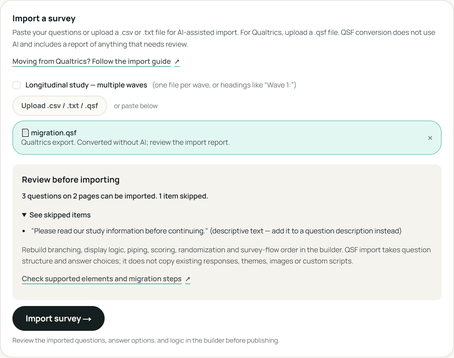 The Plumeform import form showing a sample QSF with supported question counts and a skipped descriptive-text item.