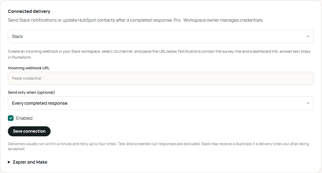 The actual Connected delivery panel with Slack selected and the credential field empty.