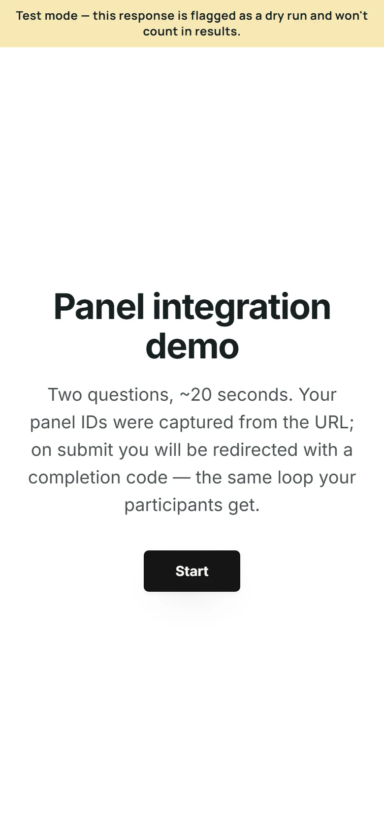 A phone showing the demo survey's welcome screen under a yellow banner reading: Test mode, this response is flagged as a dry run and won't count in results.